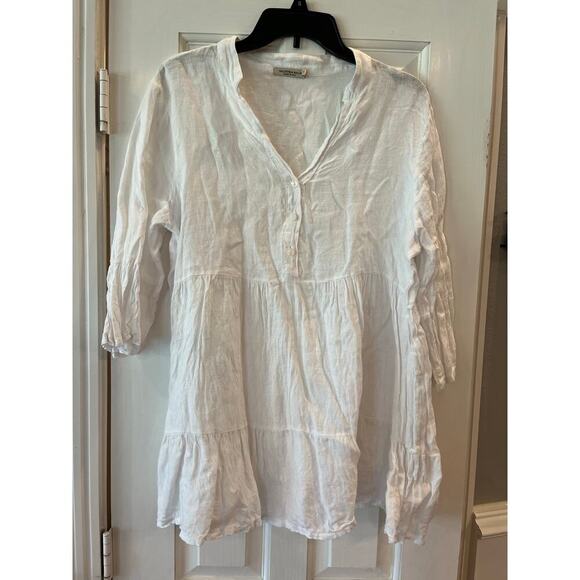 Valentina Naldi Sheer Linen Tiered Bell Sleeve Hippie Boho Blouse Beach Resort - Picture 1 of 9